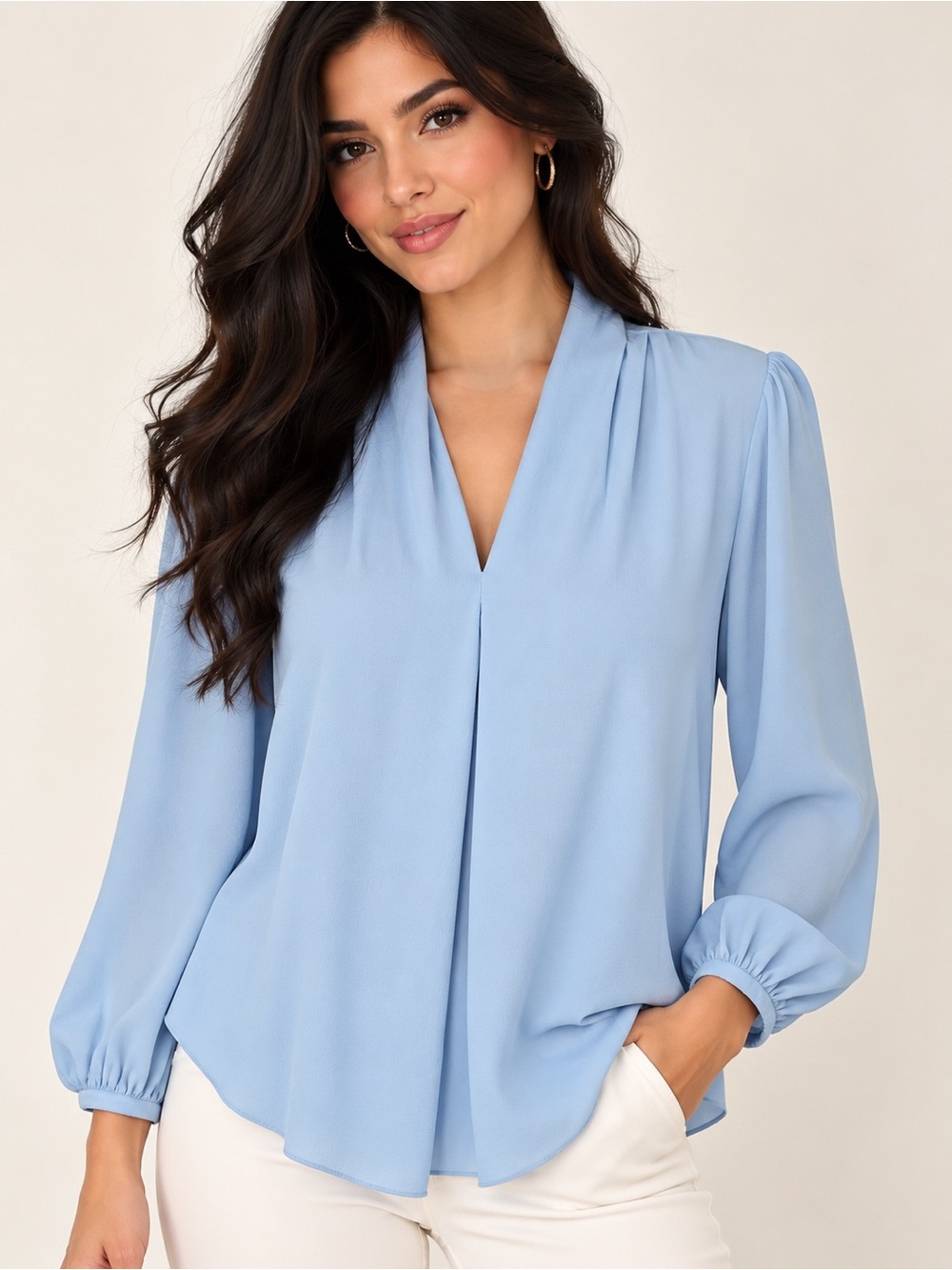 Micheal Kors Light Blue Women's V-Neck Long Sleeve Blouse Size L